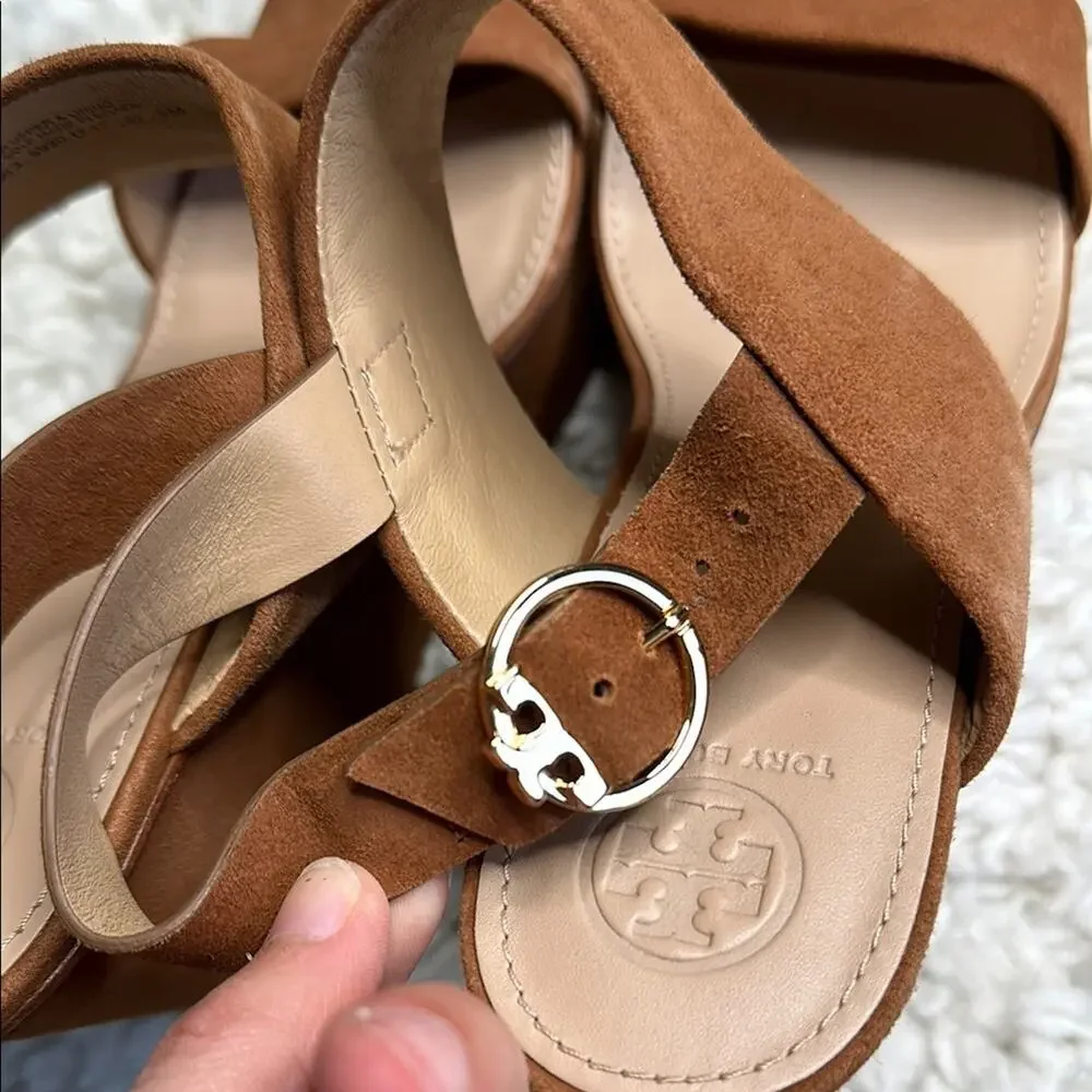 Tory Burch Women's Tan Sandals Suede Wedge Strappy Heels Brown Neutral Classy